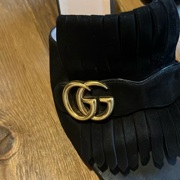 Gucci Black Suede GG Marmont Fringe Slide Sandals - Picture 2 of 13